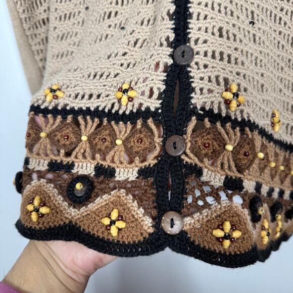 Koret Vtg Sweater Vest Large Brown Beaded Crochet Knit Cottagecore Artsy Neutral - Picture 8 of 9